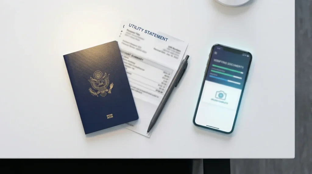 Passport and proof of address documents laid out for casino KYC verification