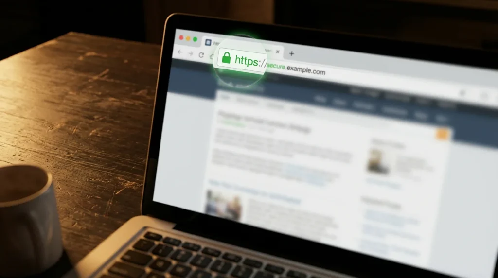 Laptop browser showing padlock icon for SSL encryption at a secure UK casino