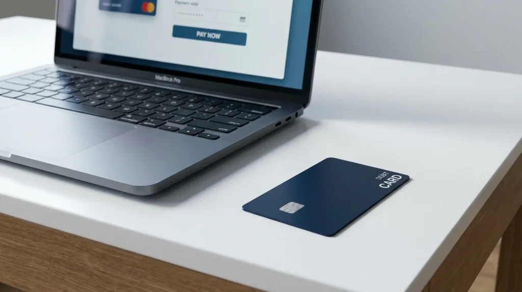 Debit card beside a laptop for making safe UK casino payments online