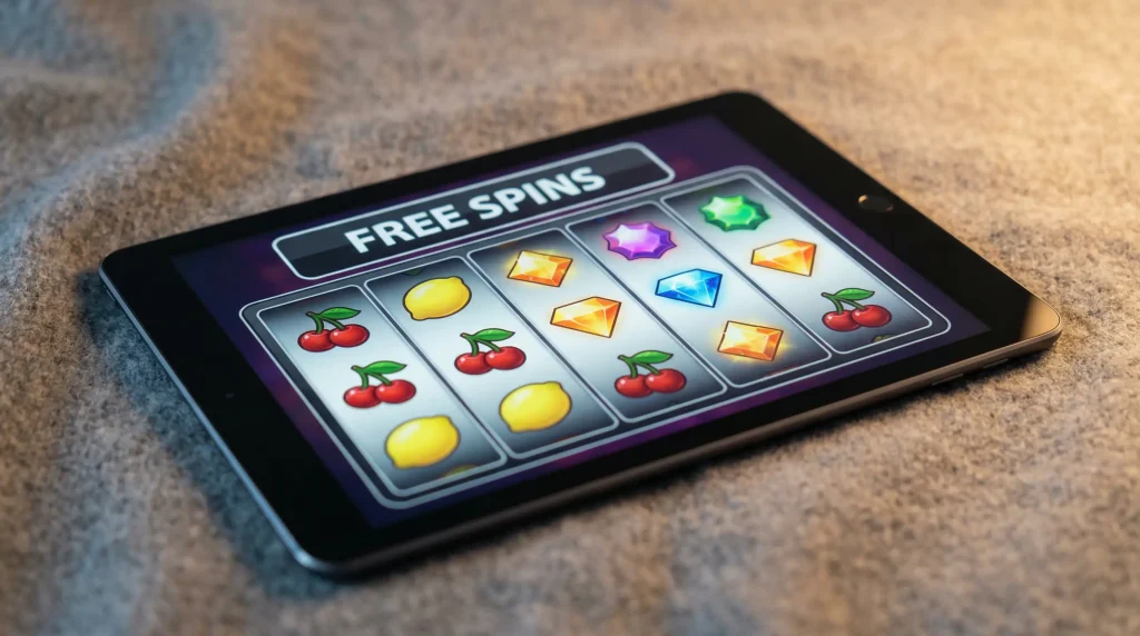 Slot machine reels mid-spin representing free spins offers at UK casinos