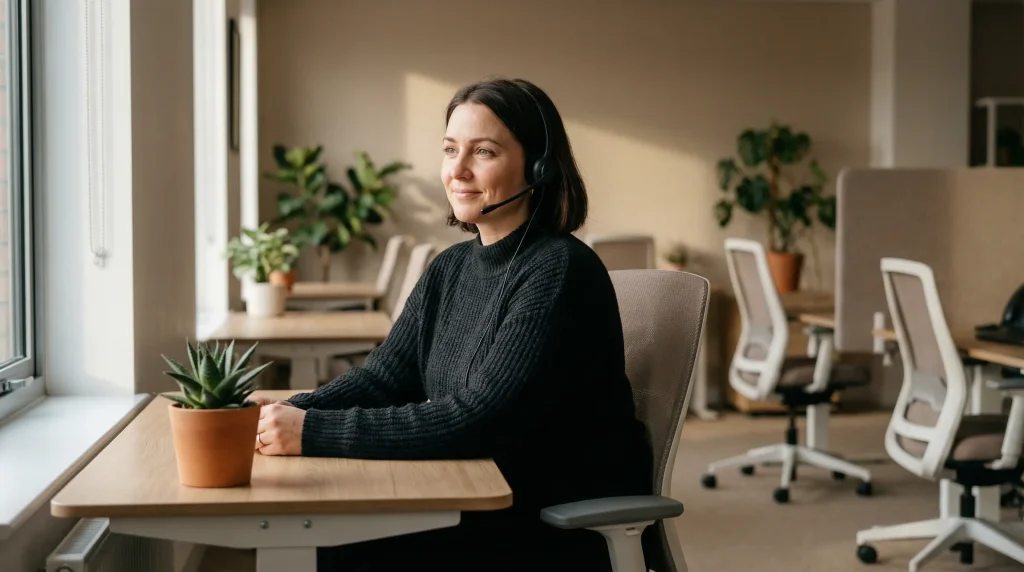 Supportive helpline operator with headset representing GamCare and BeGambleAware services