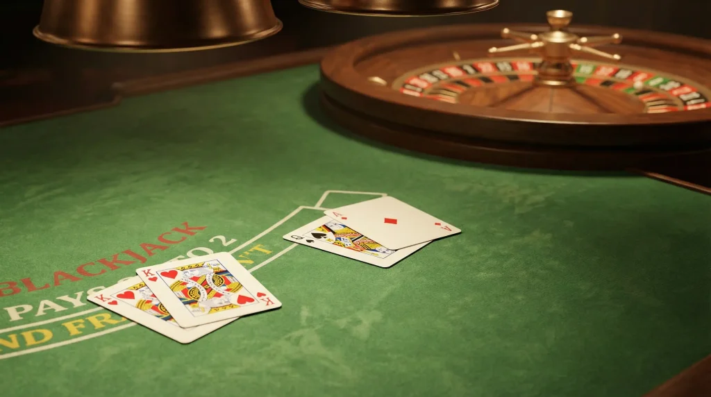 Casino table with blackjack cards and roulette wheel illustrating house edge concept