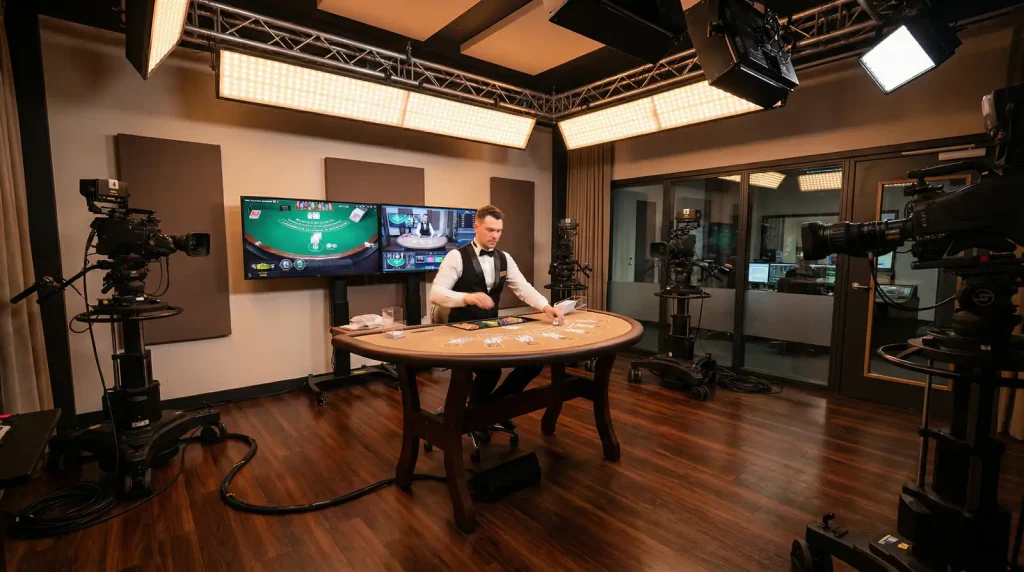 Professional live dealer at a casino table in a broadcasting studio with cameras