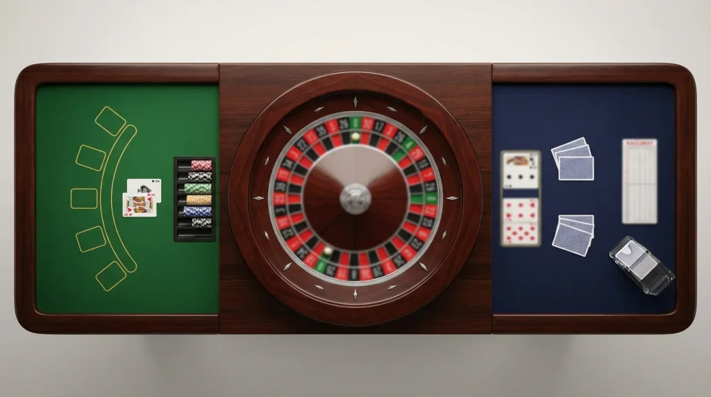 Casino table games layout with blackjack cards roulette wheel and baccarat setup