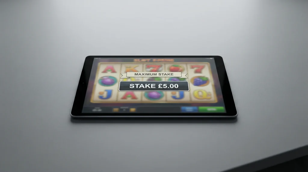 Slot machine display showing UK £5 and £2 stake limit caps for online play