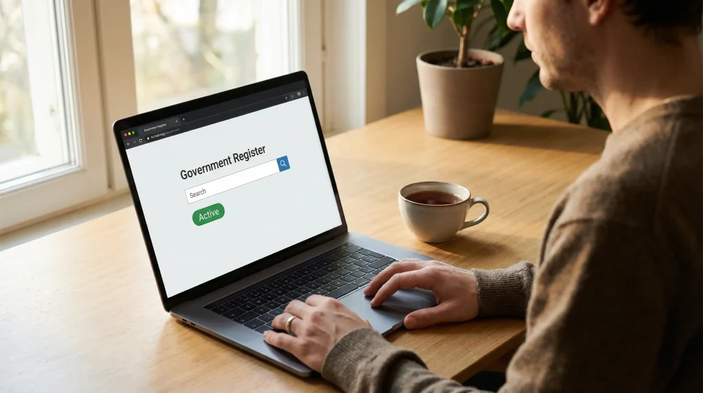 Person checking a UKGC casino licence on a laptop using the public register