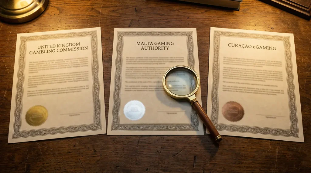 Three gambling licence badges representing UKGC MGA and Curaçao compared side by side
